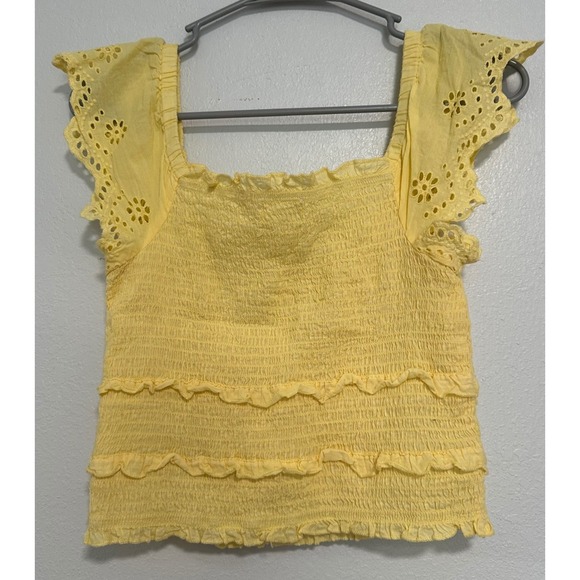 Yellow Smocked Ruffle Square Neck Eyelet Flutter Sleeve Crop Top Women's M - Picture 2 of 3